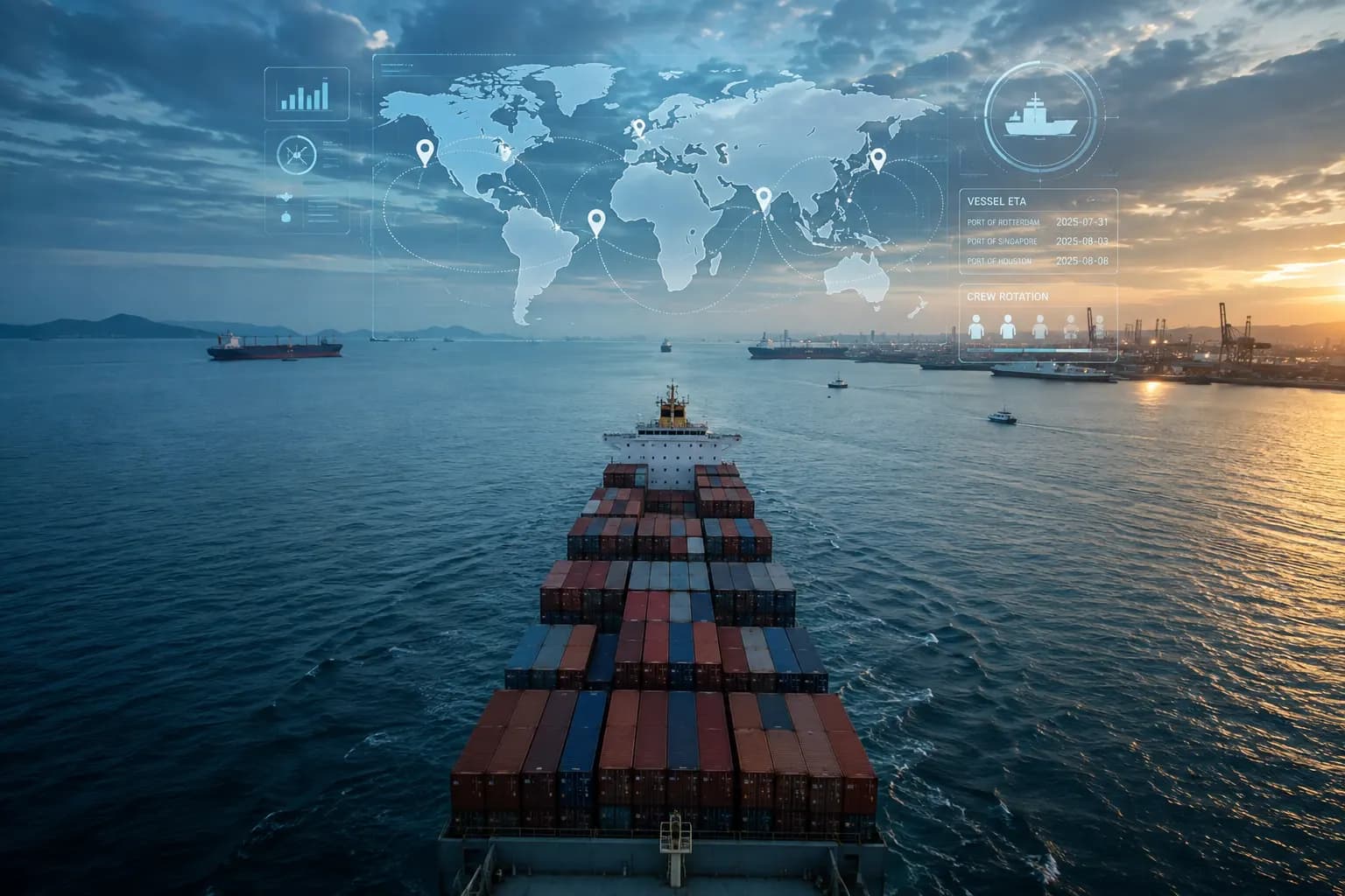 Container ship at sea with a digital global tracking interface visualizing vessel ETAs, shipping routes, and crew management.