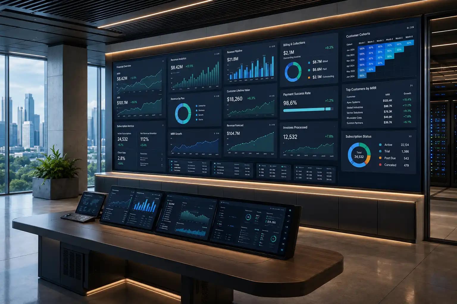 Enterprise subscription management dashboards in a modern cloud operations center.
